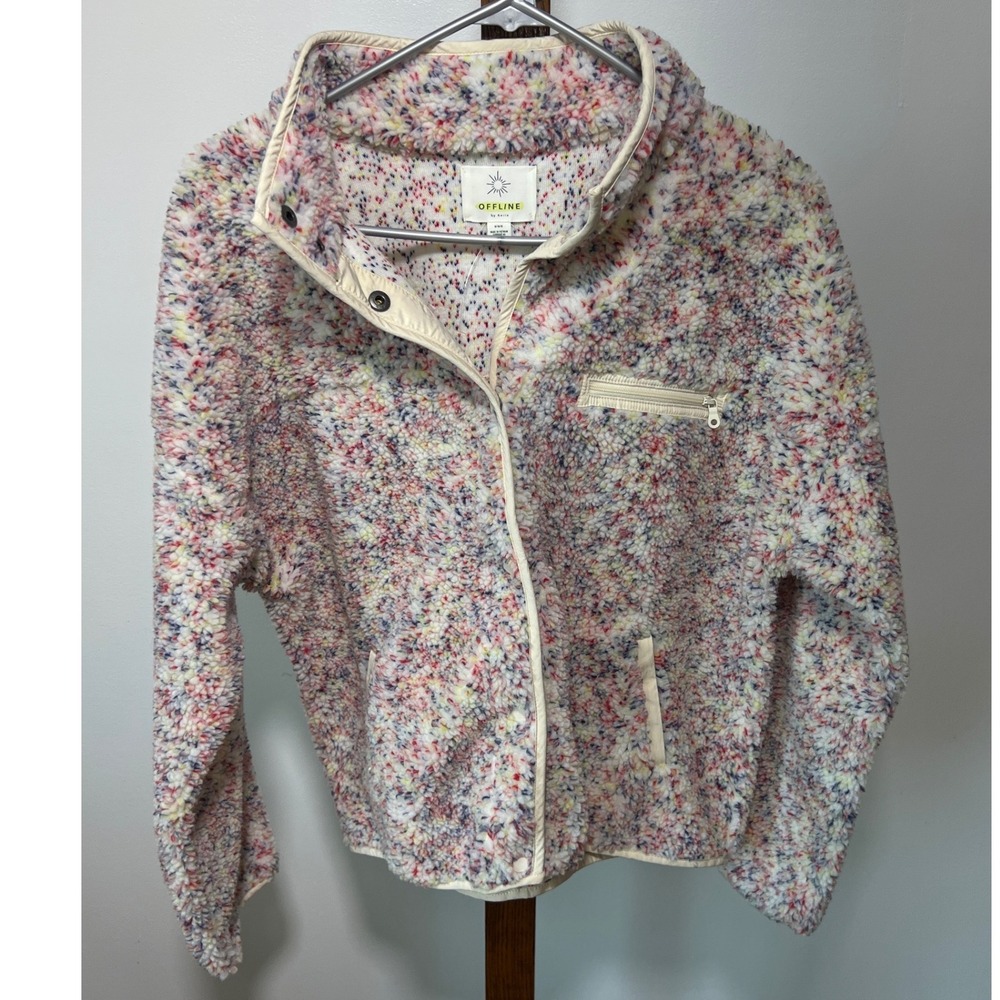 Offline by Aerie‎ Womens M Multi Color Confetti Sherpa Fleece Snap Jacket Retro